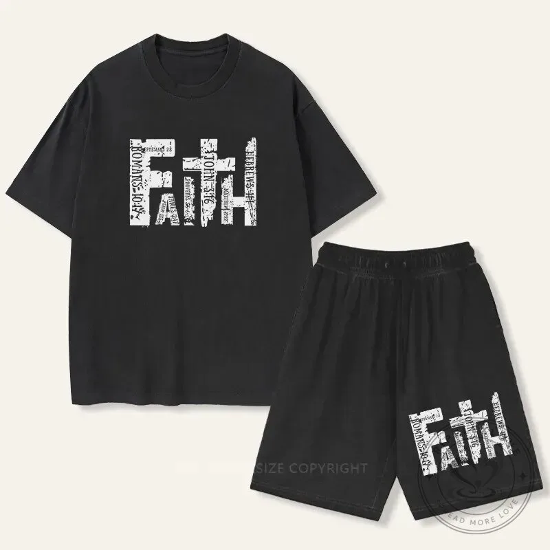 Vintage Faith Gradient Washed Christian Bible Verse T-Shirt and Shorts Set