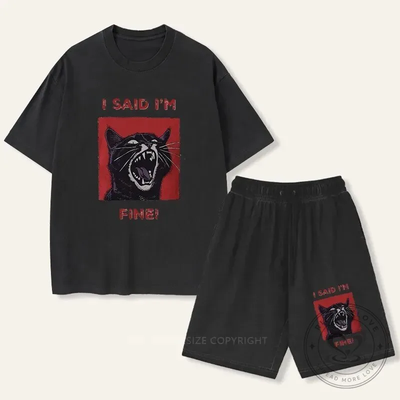 I Said I'm Fine Screaming Black Cat Funny Graphic T-Shirt and Shorts Set