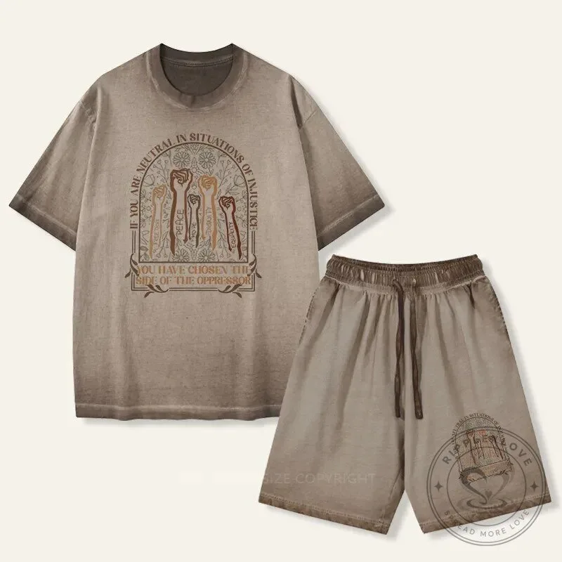 Neutral Injustice Oppressor Quote Fist Graphic Washed T-Shirt and Shorts Set