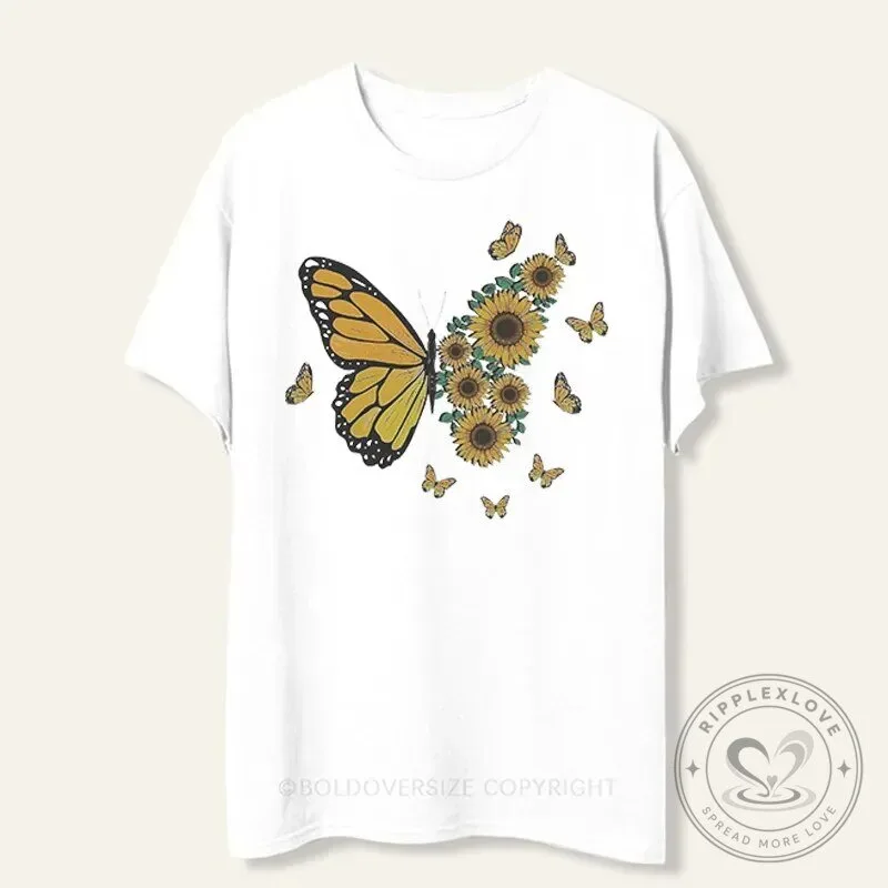 Monarch Butterfly Sunflower Floral Nature Graphic Short Sleeve T-Shirt