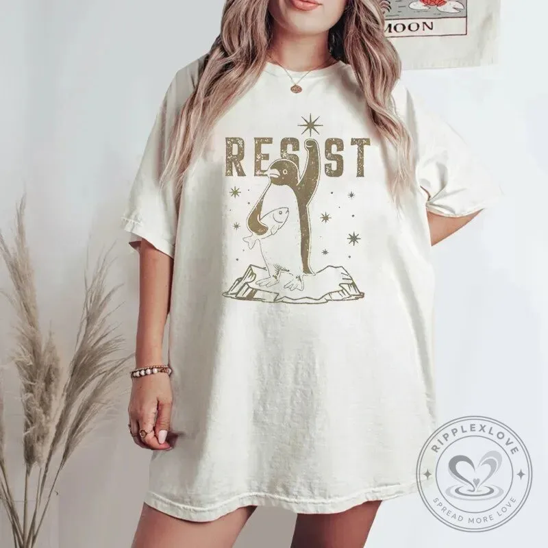 Vintage Resist Penguin with Fish on Ice Block Graphic T-Shirt 2 Vintage Resist Penguin with Fish on Ice Block Graphic T-Shirt