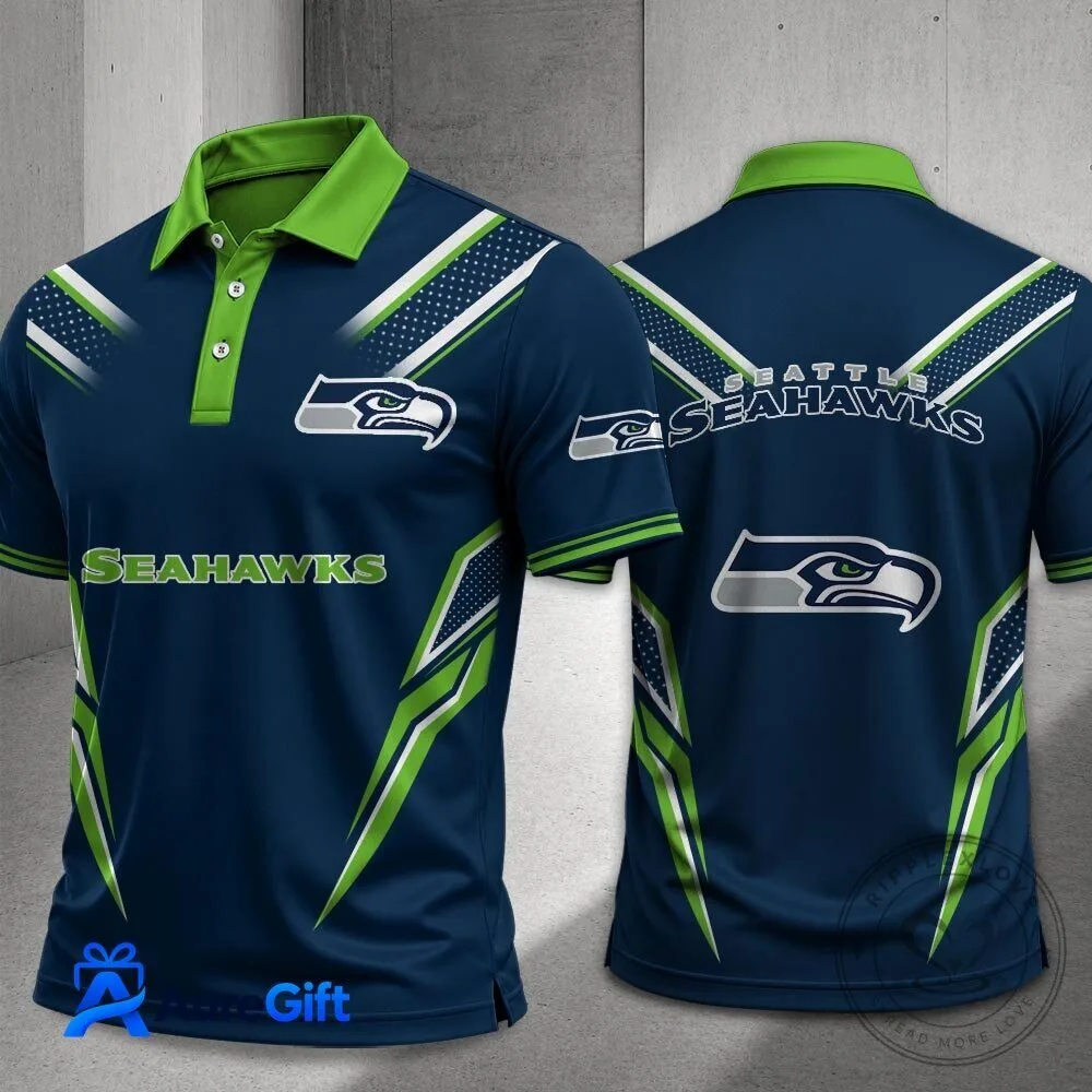 Seattle Seahawks NFL Football Team Logo Blue Green Striped Polo Shirt 1 Seattle Seahawks NFL Football Team Logo Blue Green Striped Polo Shirt