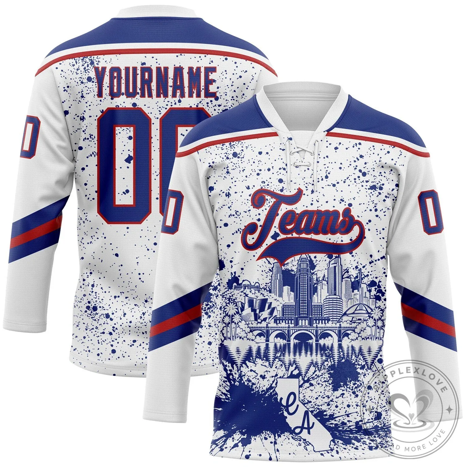 Sacramento California Skyline Lace Neck Hockey Jersey with Custom Paint Splatter Design