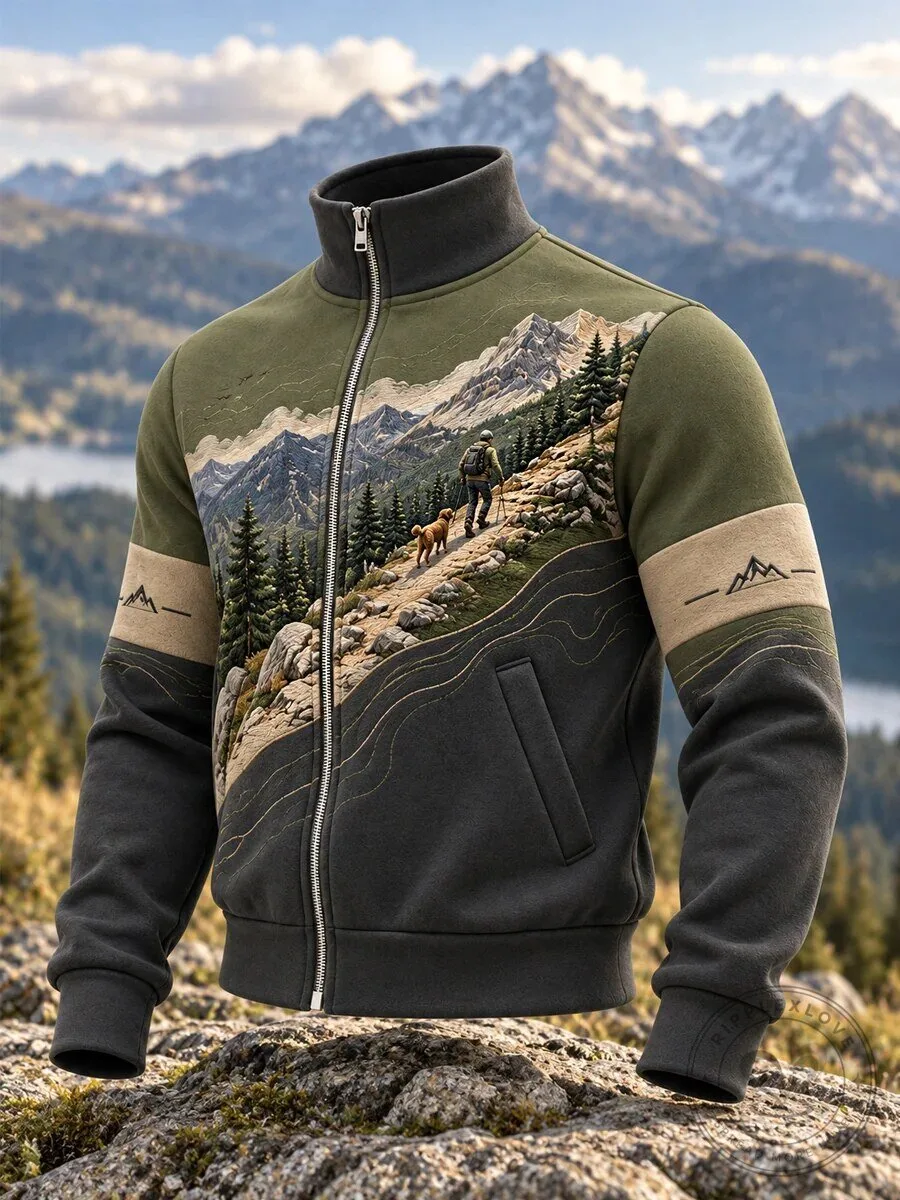 Mountain Hiking Trail Landscape Print Full Zip Jacket for Men