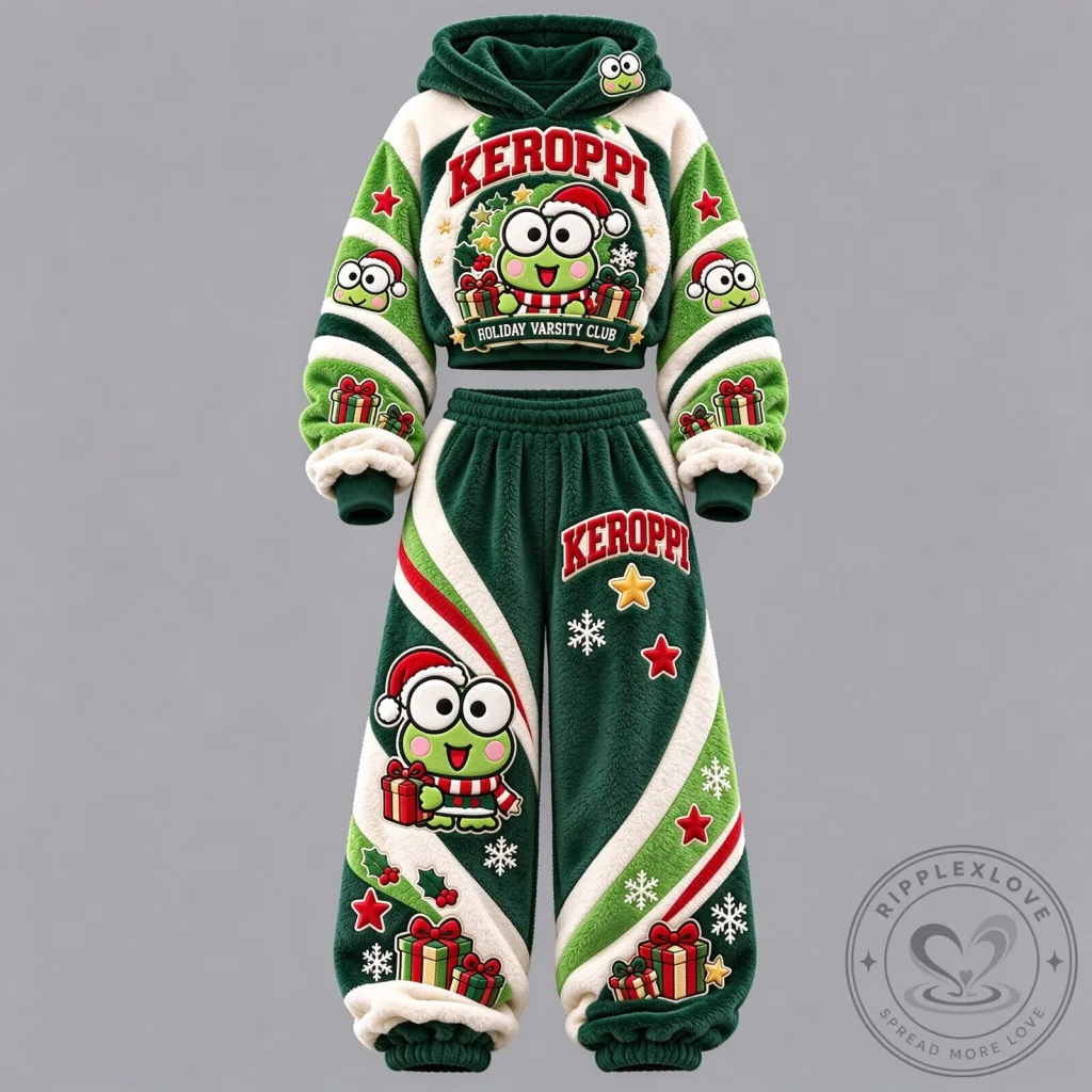 Keroppi Holiday Varsity Club Christmas Cropped Hoodie and Sweatpants Set Keroppi Holiday Varsity Club Christmas Cropped Hoodie and Sweatpants Set