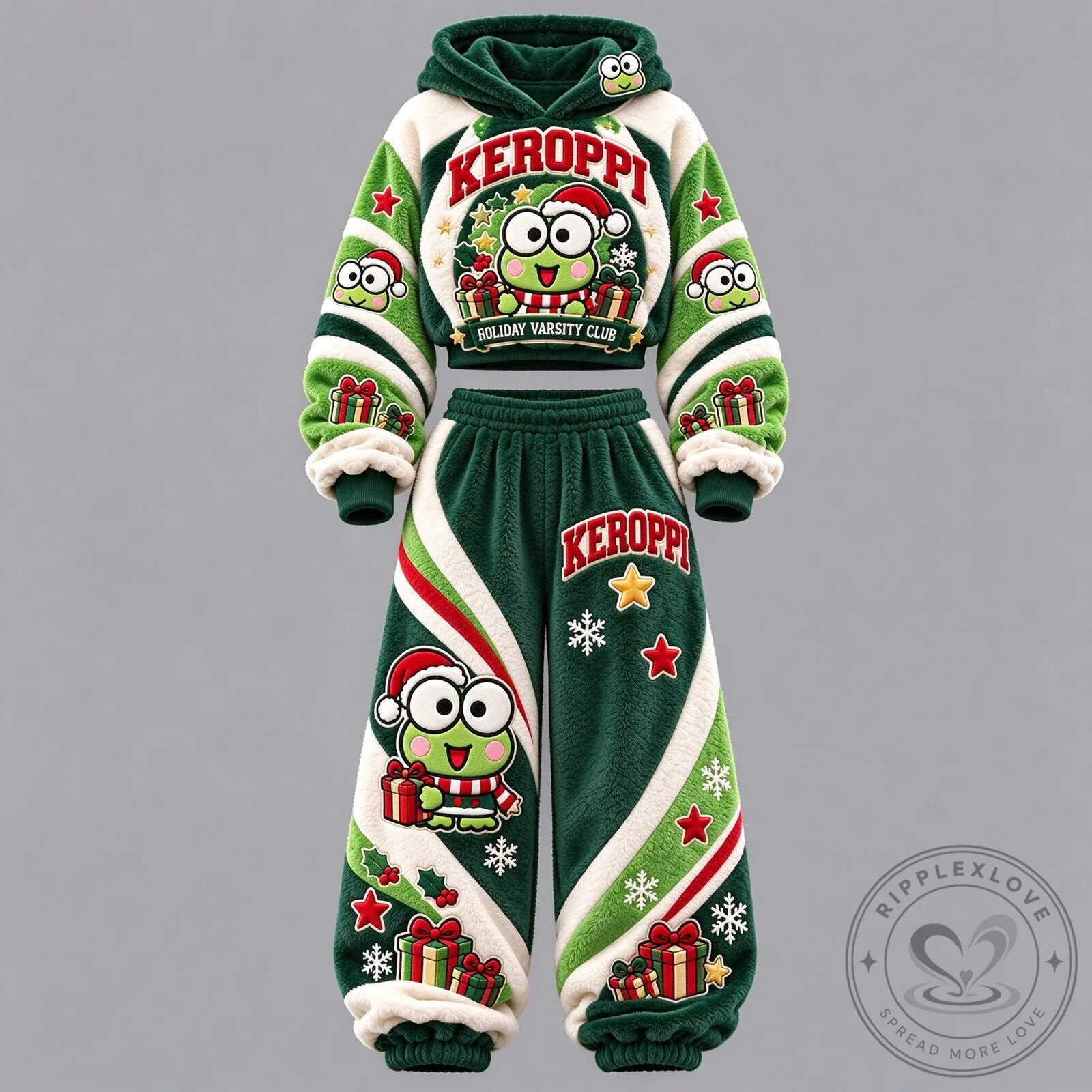 Keroppi Holiday Varsity Club Christmas Cropped Hoodie and Sweatpants Set