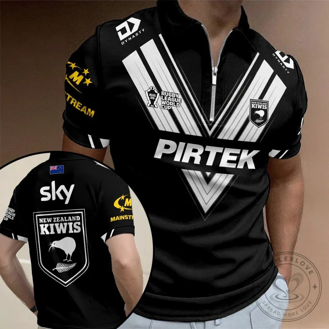 New Zealand Rugby League World Cup Black White Zip Polo Shirt