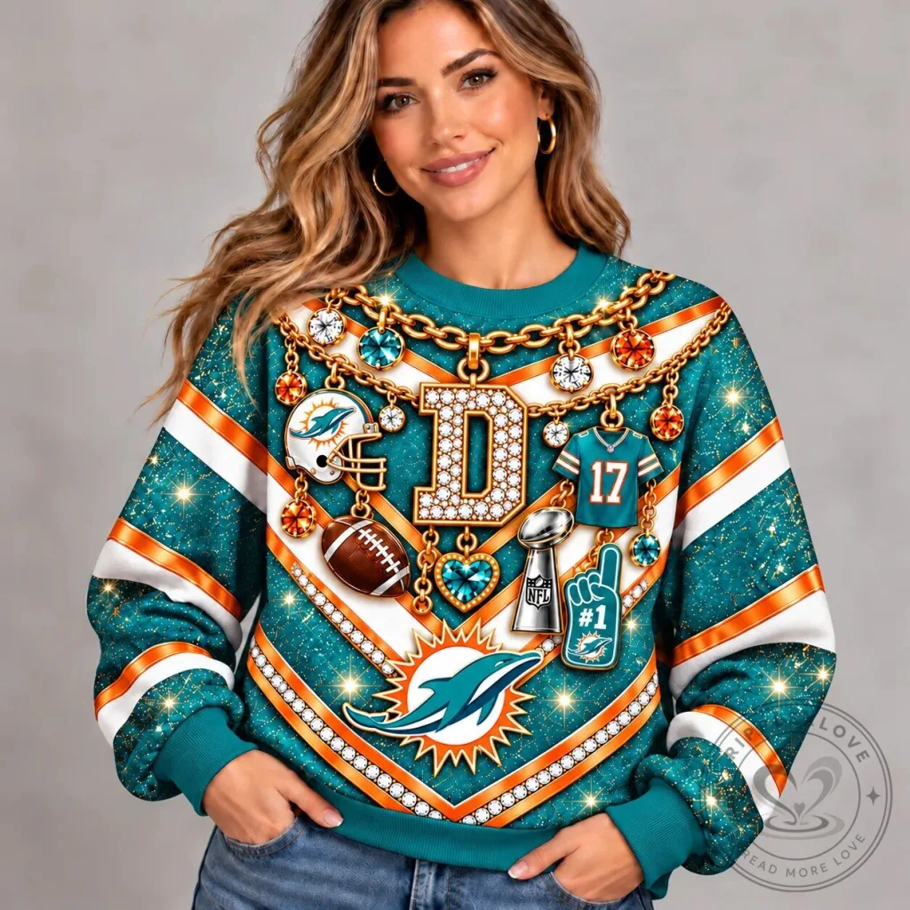 Miami Dolphins NFL Football Team Bling Style Sparkle Design Crewneck Sweatshirt Miami Dolphins NFL Football Team Bling Style Sparkle Design Crewneck Sweatshirt