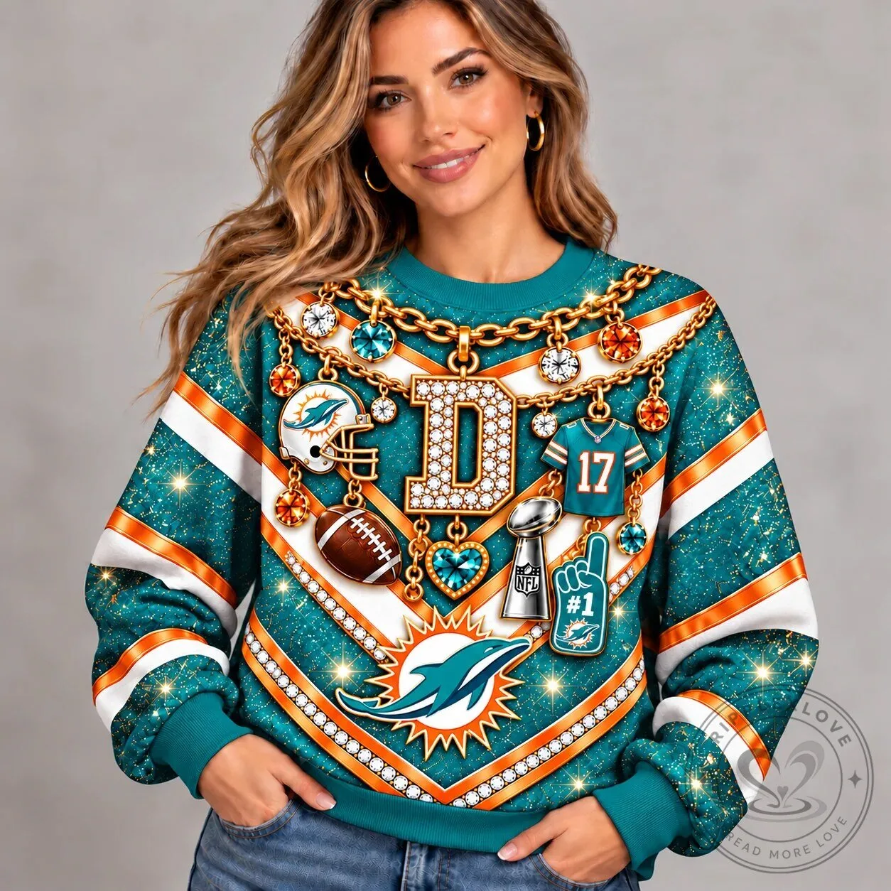 Miami Dolphins NFL Football Team Bling Style Sparkle Design Crewneck Sweatshirt