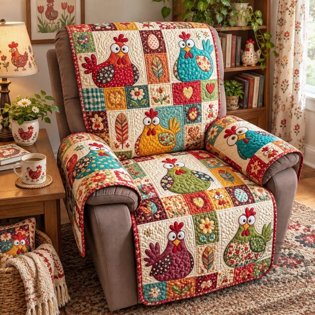 Colorful Chicken Quilted Recliner Slipcover, Farmhouse Decor Sofa Cover Colorful Chicken Quilted Recliner Slipcover, Farmhouse Decor Sofa Cover