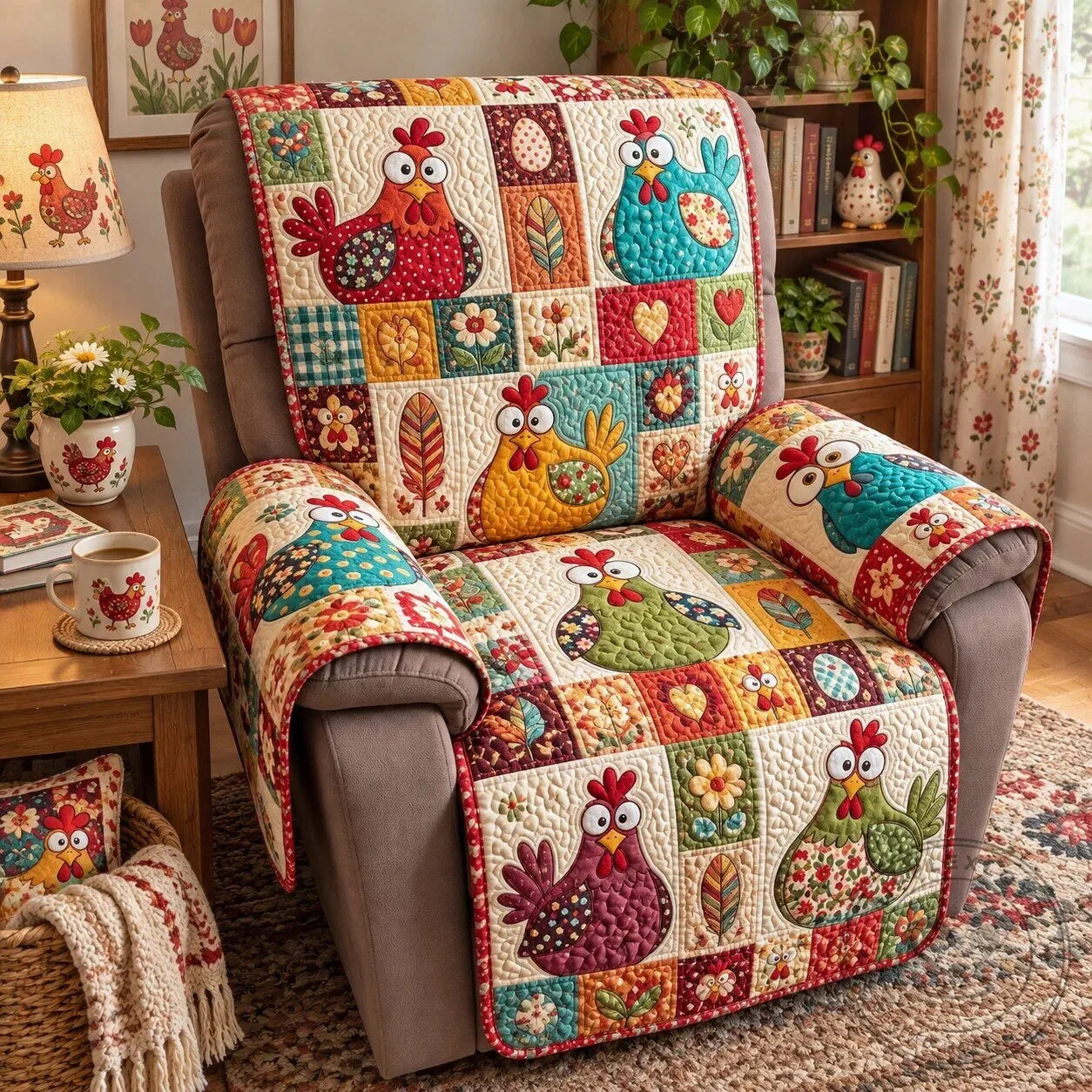 Colorful Chicken Quilted Recliner Slipcover, Farmhouse Decor Sofa Cover