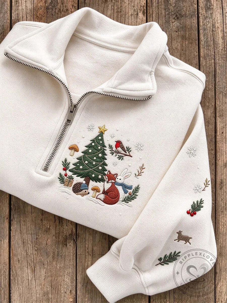 Winter Forest Animals Embroidered Christmas Tree Quarter-Zip Sweatshirt