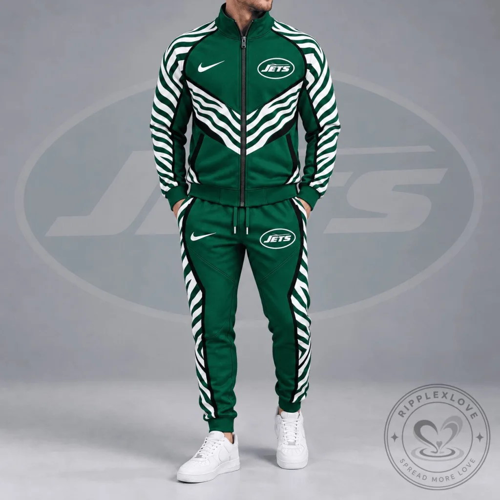 New York Jets Dynamic Tiger Stripe Print Full Zip Track Jacket and Jogger Pants Set New York Jets Dynamic Tiger Stripe Print Full Zip Track Jacket and Jogger Pants Set