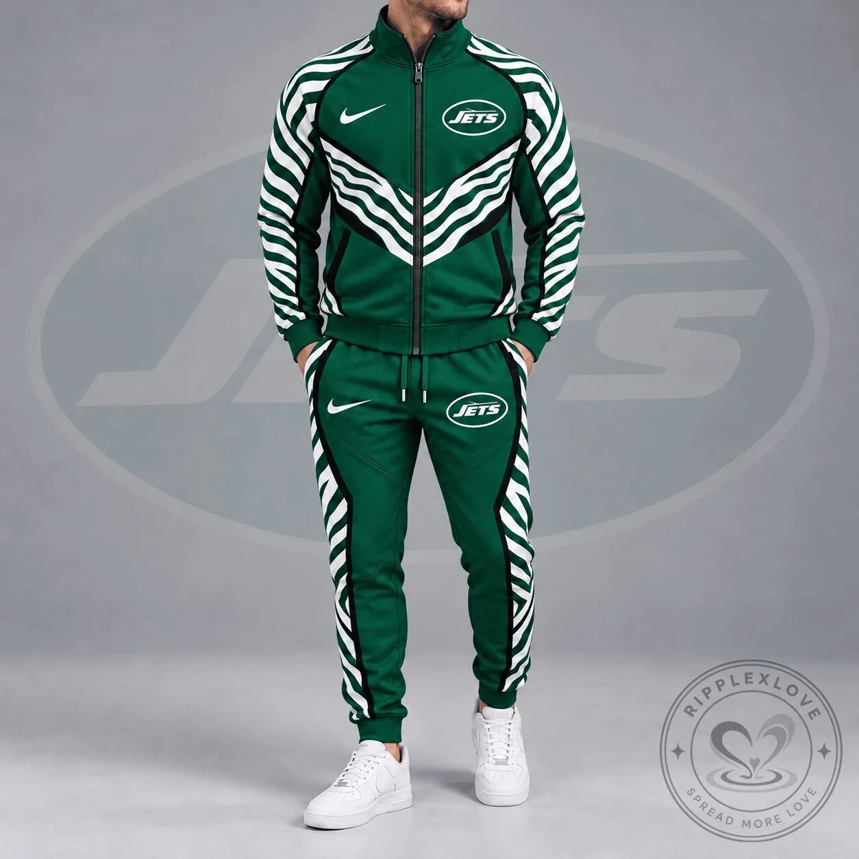 New York Jets Dynamic Tiger Stripe Print Full Zip Track Jacket and Jogger Pants Set 4 New York Jets Dynamic Tiger Stripe Print Full Zip Track Jacket and Jogger Pants Set