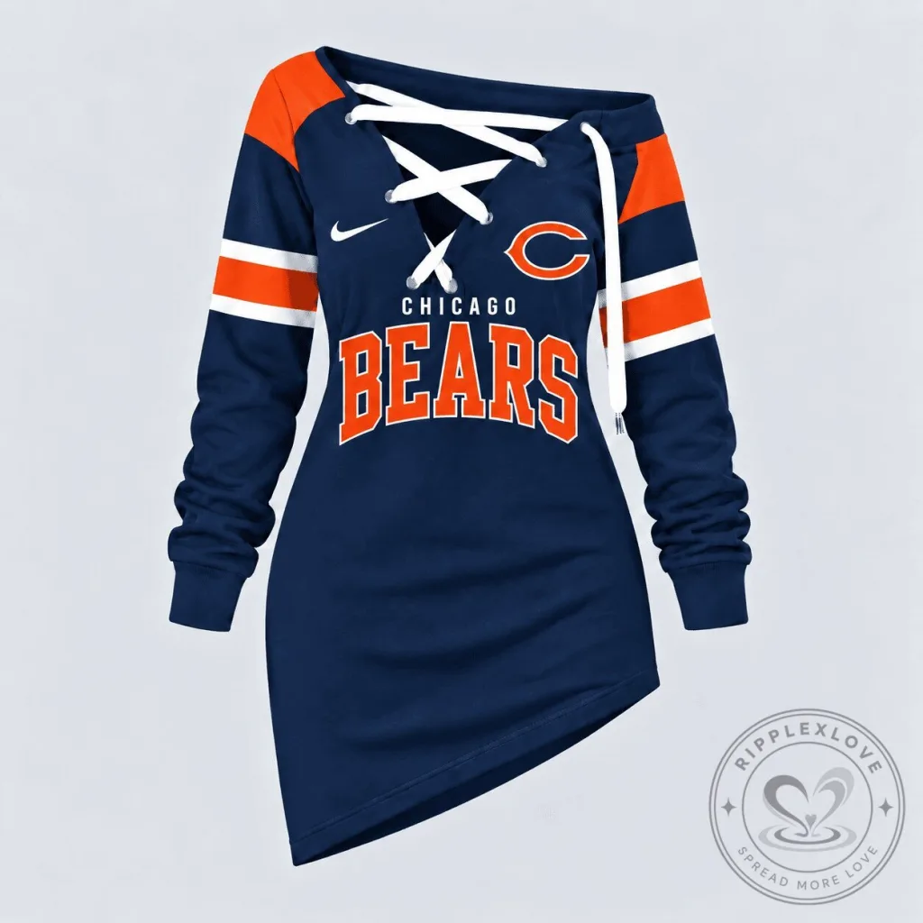 Chicago Bears Women's Navy Blue Orange Lace-Up Long Sleeve Hockey Jersey Dress Chicago Bears Women's Navy Blue Orange Lace-Up Long Sleeve Hockey Jersey Dress